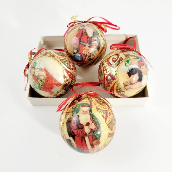 4 Vintage Paper Mache Old World Santa Christmas Ball Ornaments - Picture 1 of 2